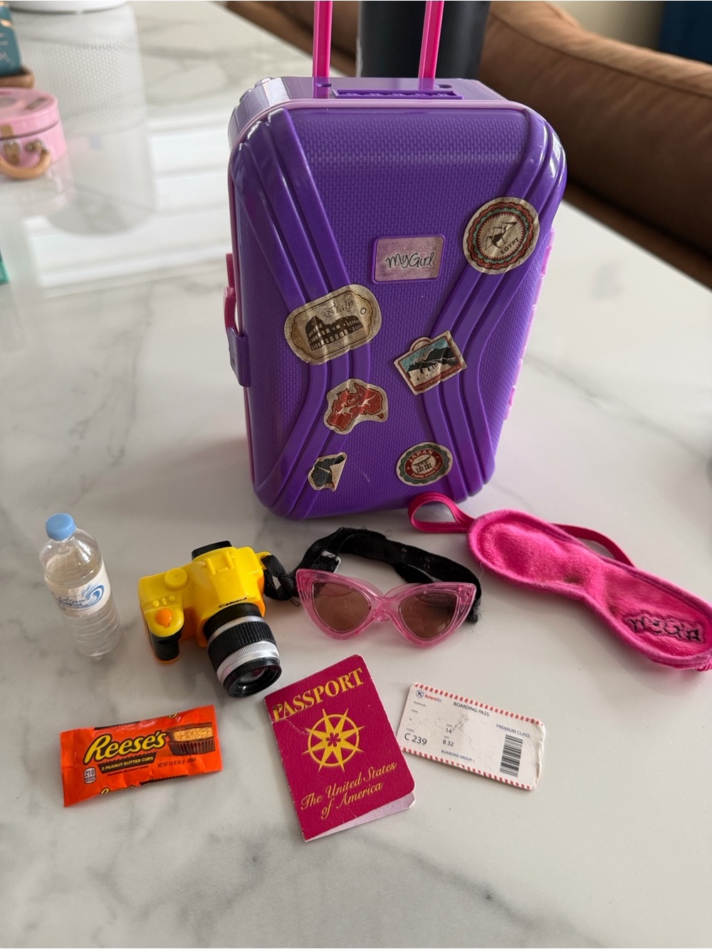 Rolling Suitcase with Travel Sticker Decor for Dolls